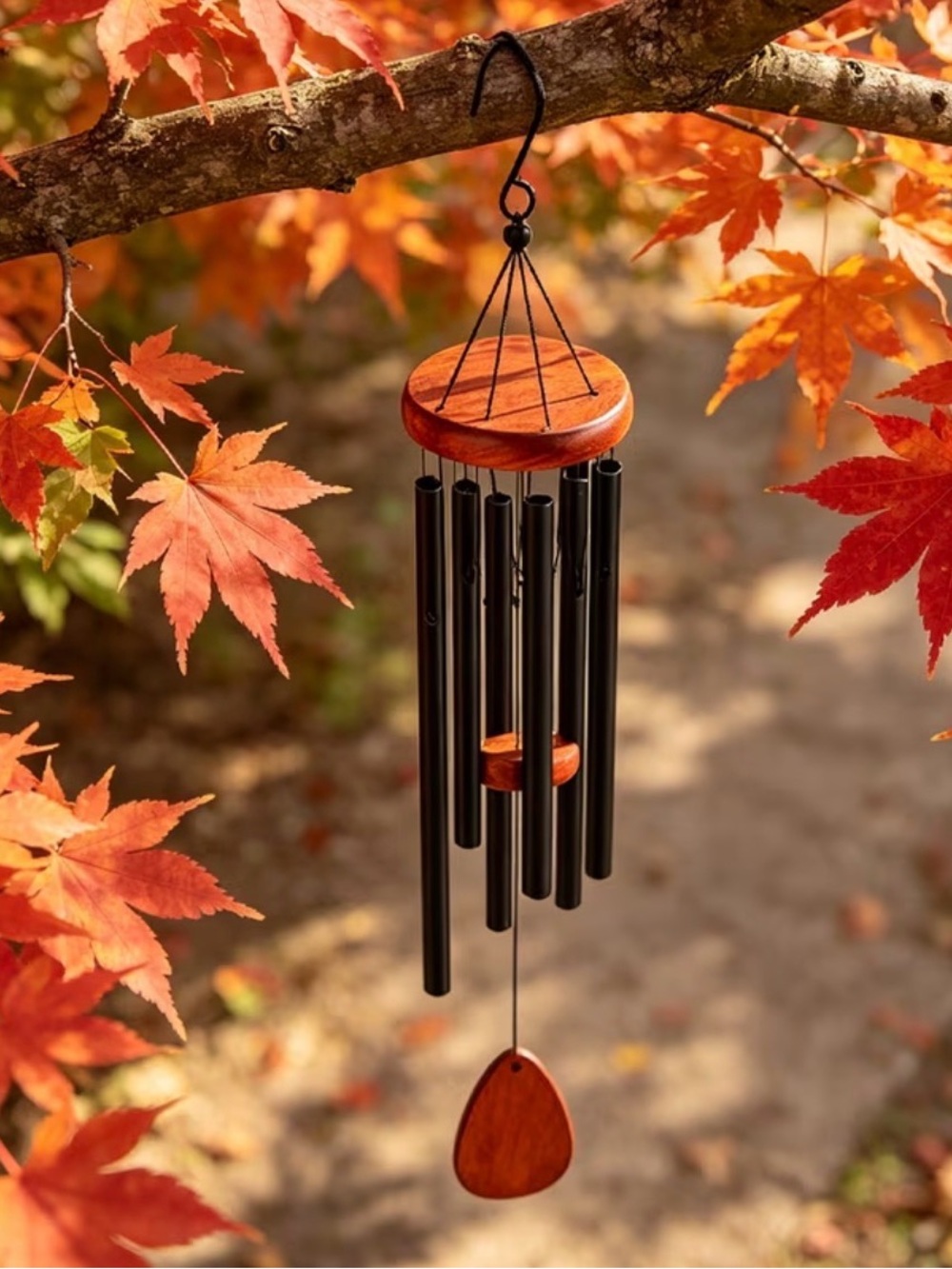 Wood and Black Metal Wind Chime - Autumn Accent